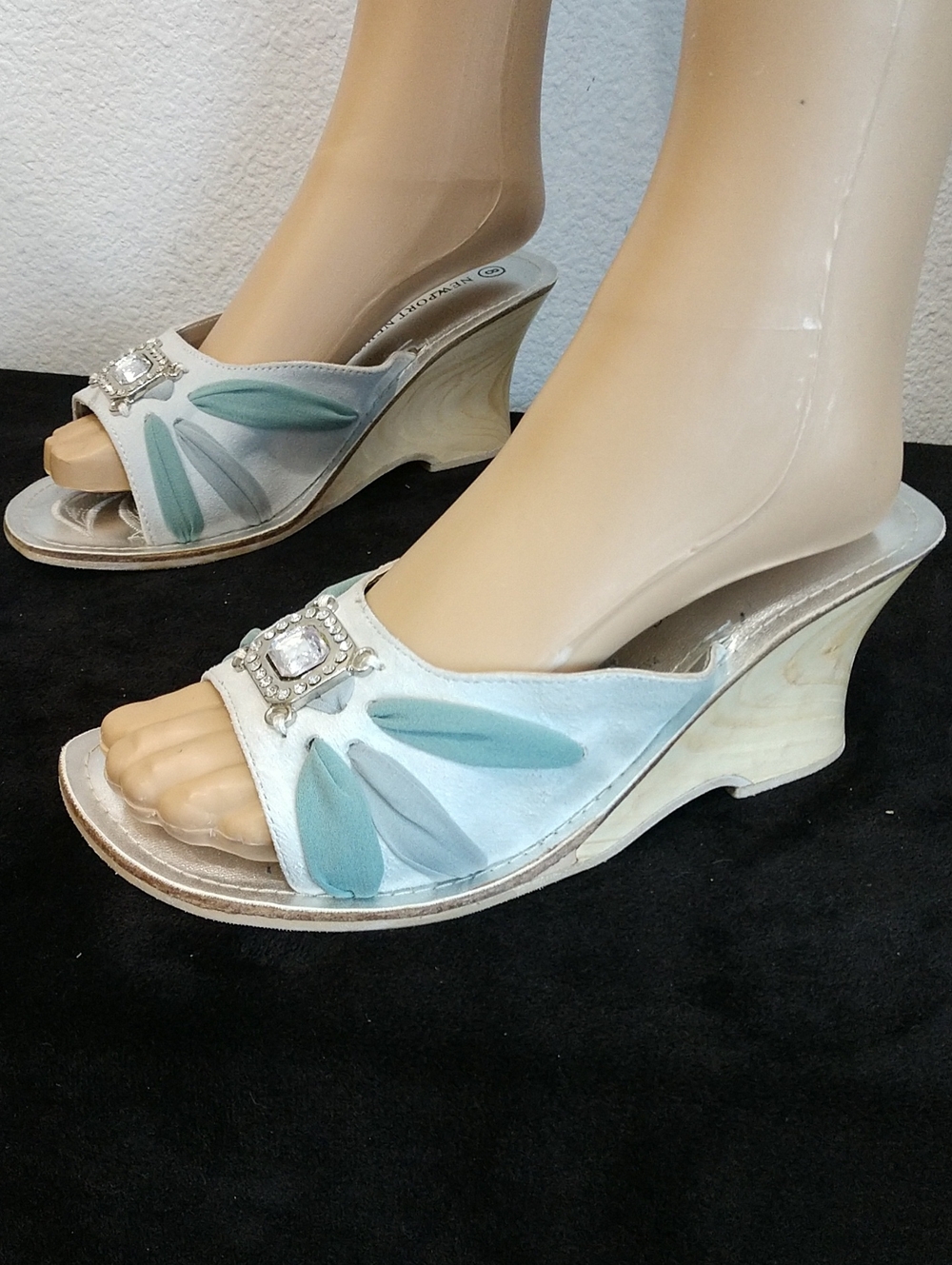 Newport News Mint Green Wedge Slide Suede Sandals with Jewel Accent